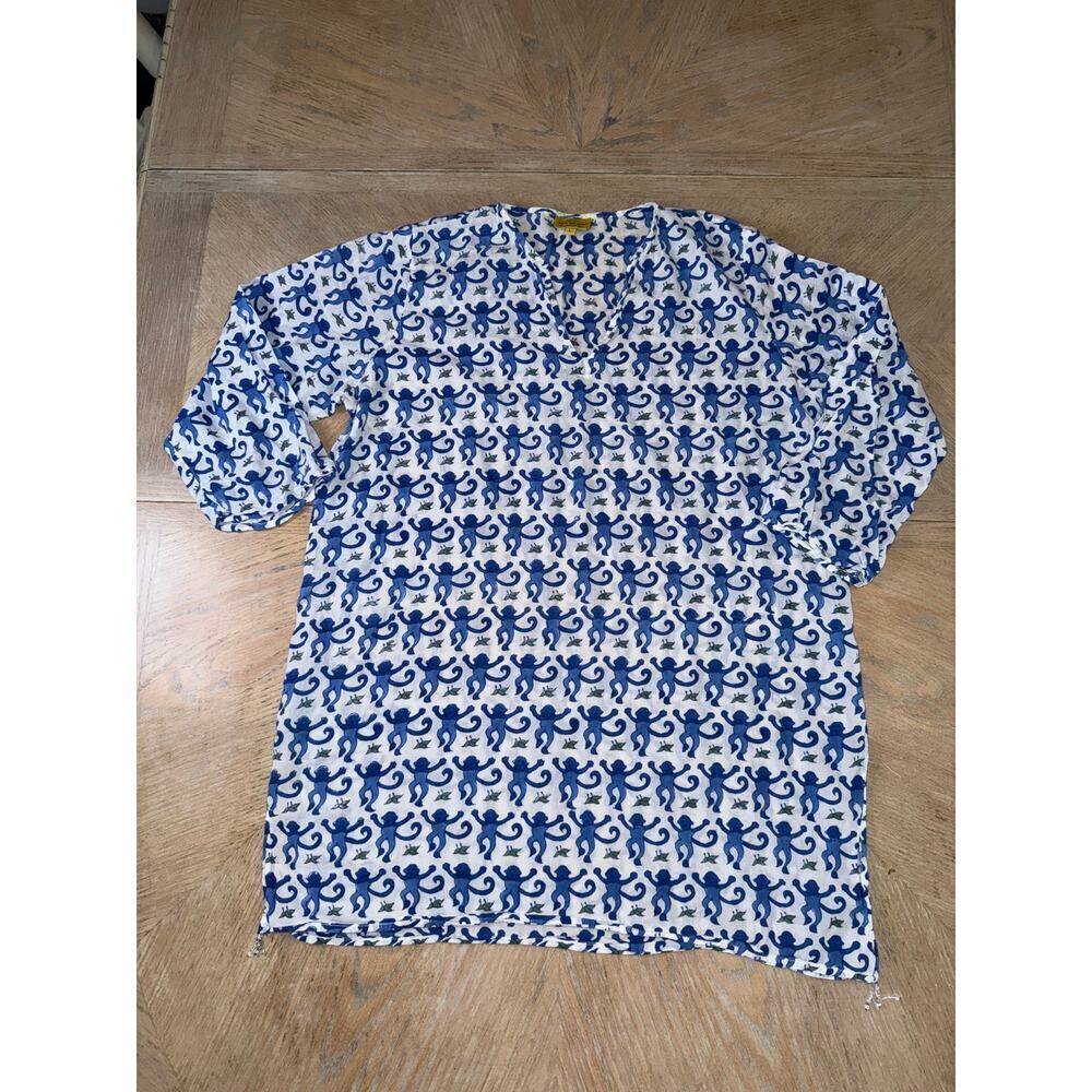 Roller Rabbit blue monkey print Kurta coverup tunic size large